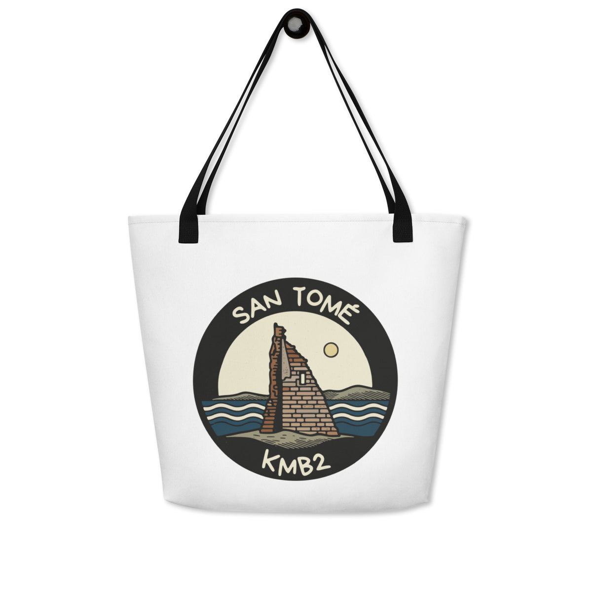 Tote bag San Tomé Black vista frontal, diseño de San Tomé sobre bolsa blanca