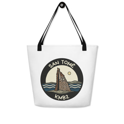 Tote bag San Tomé Black vista frontal, diseño de San Tomé sobre bolsa blanca