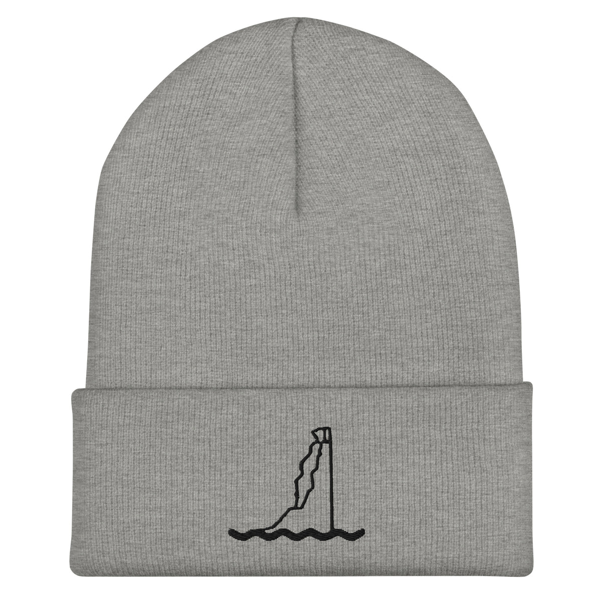 Gorro San Tomé gris jaspeado con vuelta y detalle del bordado de la torre