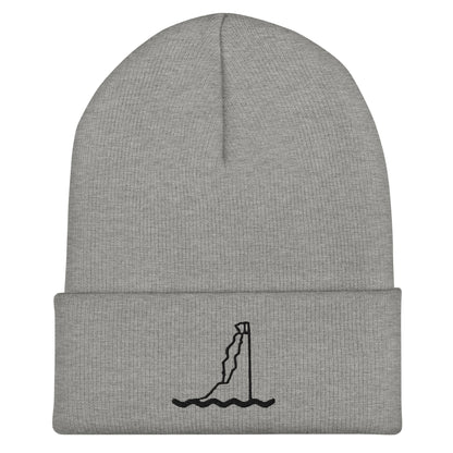 Gorro San Tomé gris jaspeado con vuelta y detalle del bordado de la torre