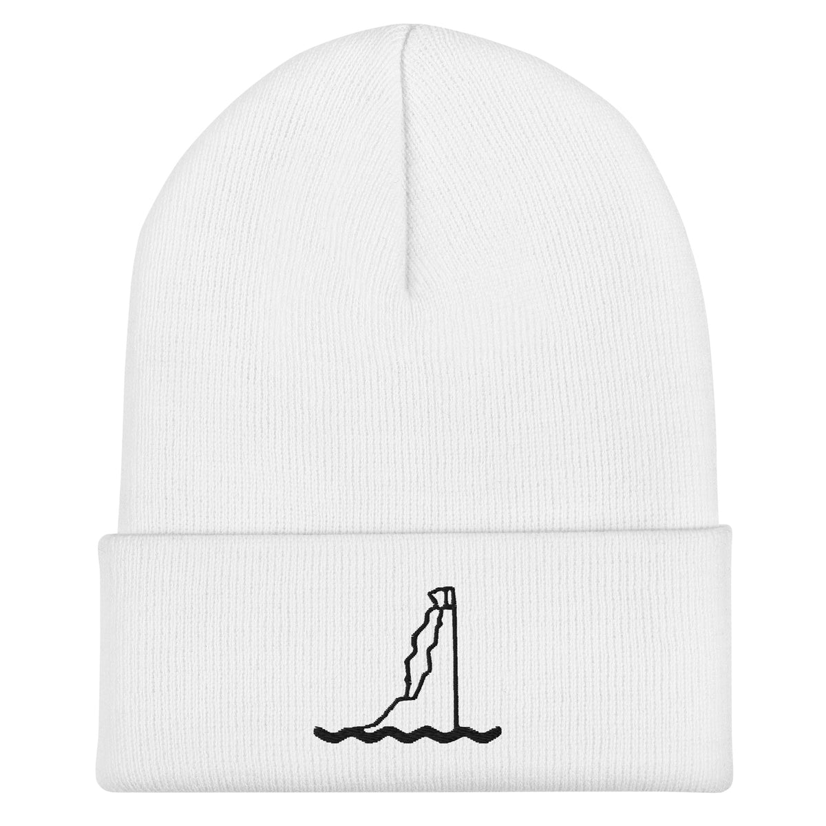 Gorro de invierno San Tomé blanco con la torre bordada, puesto en una modelo
