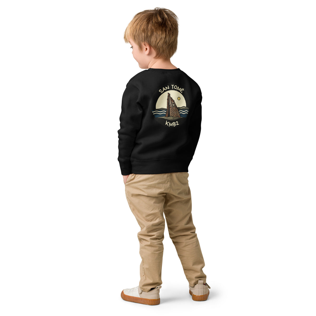 Sudadera infantil San Tomé Black Edition en negro, vista trasera con la ilustración de la torre de San Tomé