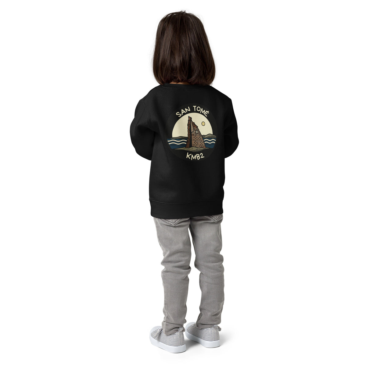 Sudadera infantil San Tomé Black Edition en negro, vista trasera con la ilustración de la torre de San Tomé