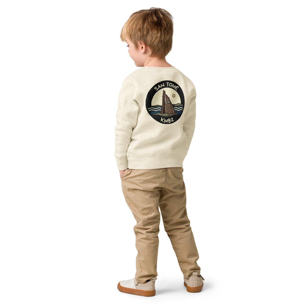 Sudadera infantil San Tomé Black Edition en jaspeado natural, vista trasera con la ilustración de la torre de San Tomé