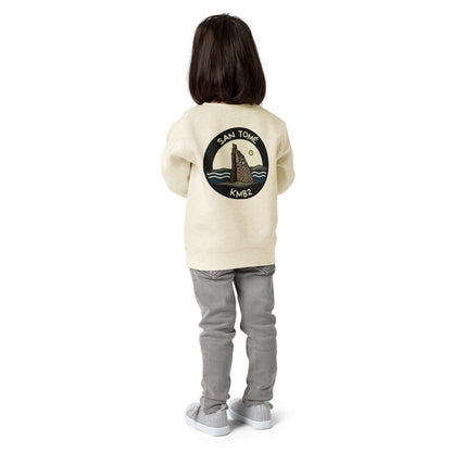 Sudadera infantil San Tomé Black Edition en jaspeado natural, vista trasera con la ilustración de la torre de San Tomé