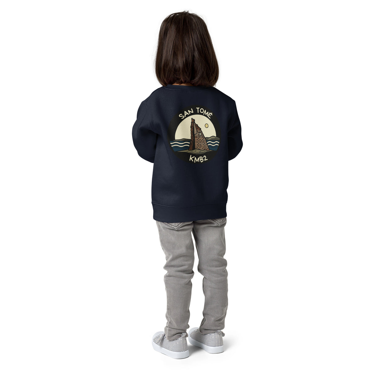 Sudadera infantil San Tomé Black Edition en azul marino, vista trasera con la ilustración de la torre de San Tomé