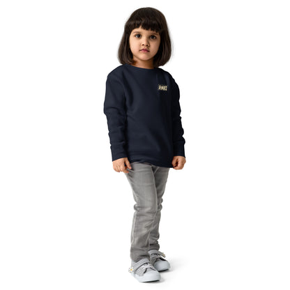 Sudadera infantil San Tomé Black Edition en azul marino, vista frontal en ángulo