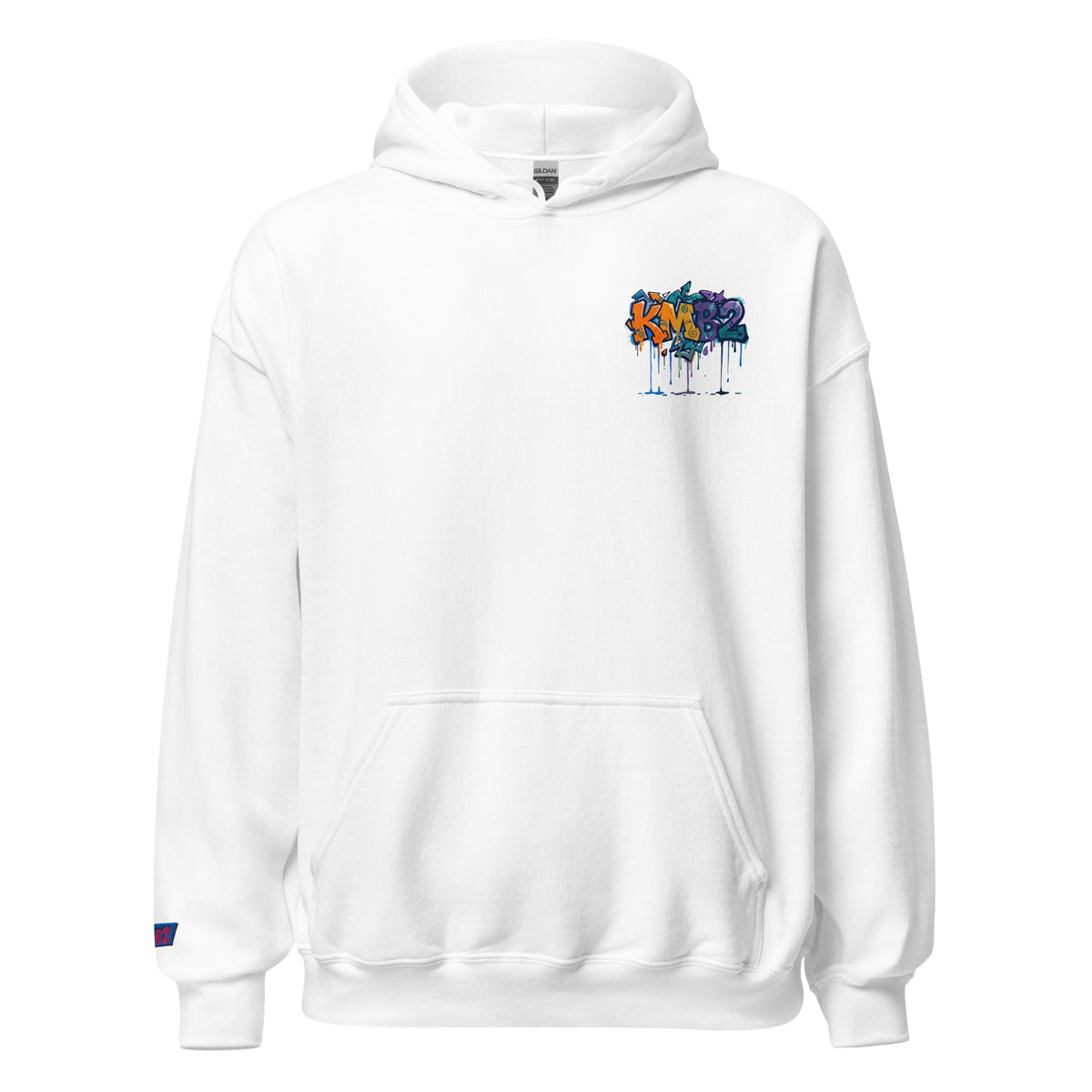 Sudadera con capucha KMB2 en blanco, vista frontal alternativa con logo KMB2