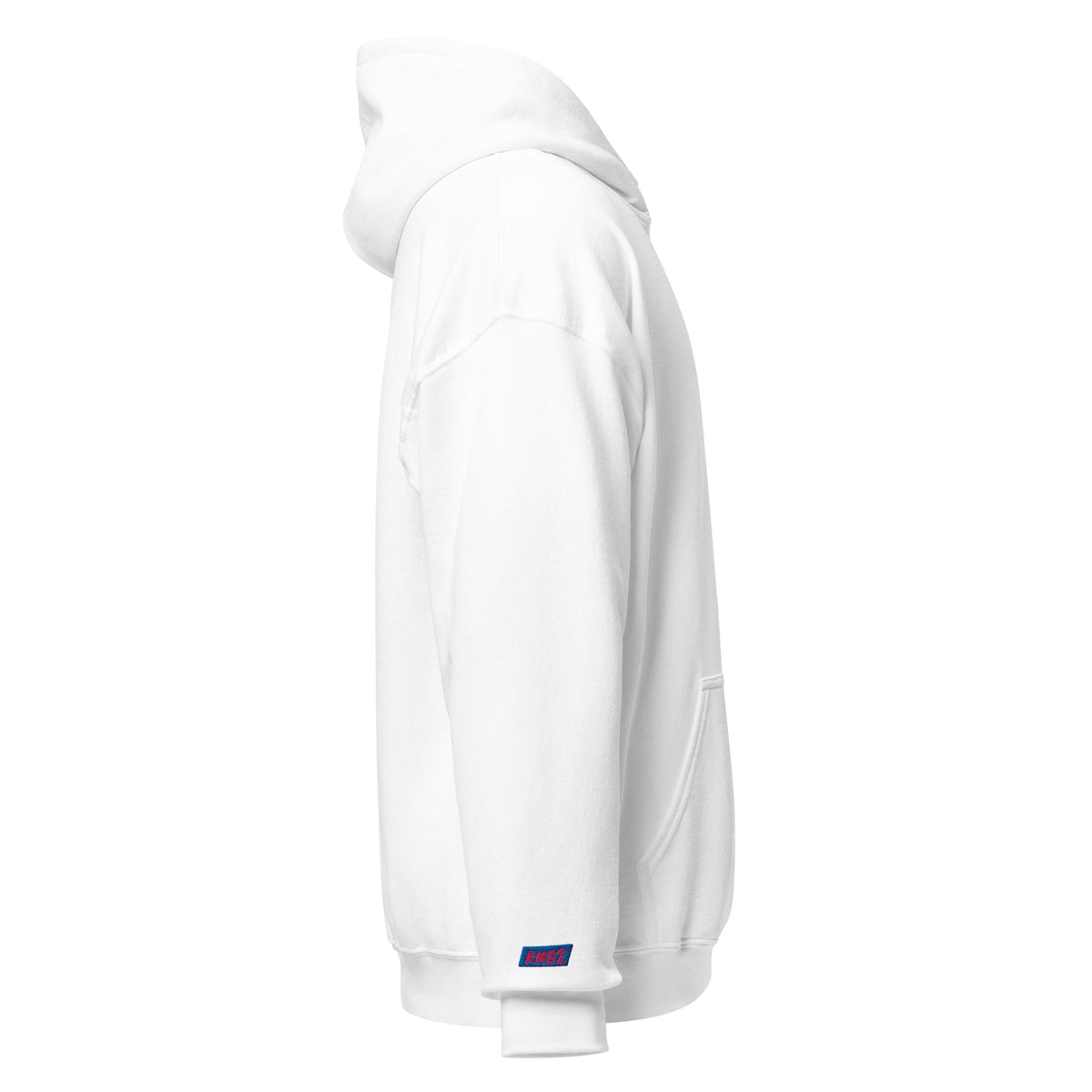 Sudadera con capucha KMB2 en blanco, vista lateral derecha con capucha